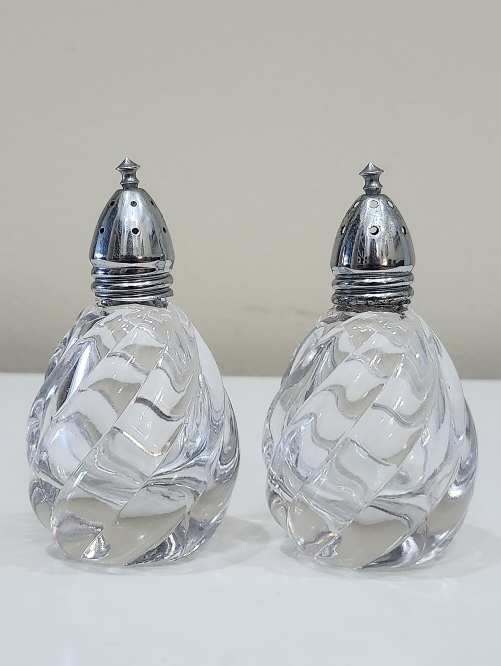 Vintage Glass Salt and Pepper Shakers With Chrome Tops Swirl Design Glossy MCM